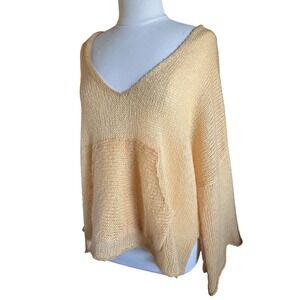 Wooden Ships Mohair Wool Blend V-Neck Oversized Knit Sweater Yellow XL/L Pocket
